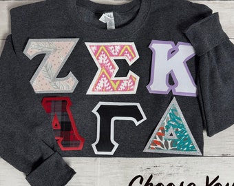 Greek Sorority Sewn Letters Customizable Fabric | Gray Sweatshirt | Family Shirt | Greek Gift | | Kappa Delta, Sigma Kappa, Chi Omega