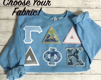 Customizable Greek Sorority Sewn Letters | Light Blue Sweatshirt | Family Shirt | Greek Gift | | Kappa Delta, Sigma Kappa, Chi Omega