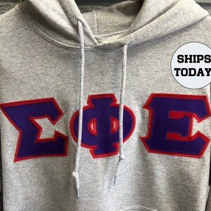 May include: Gray hooded sweatshirt with a purple and red embroidered Greek letter design. The letters are "ΣΦΕ".