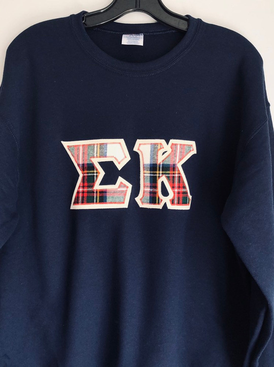 Sigma Kappa Sewn Greek Letters Navy Crewneck With Flannel Fabric