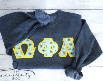 Omega Phi Alpha | Omega Phi Alpha Gift | Sorority Sewn Letters | Sorority Gift | Sorority Sweatshirt | Omega Phi Alpha Shirt | Greek Letters