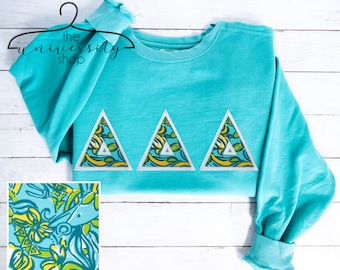 Delta Delta Delta | DDD | Tri Delt | Comfort Color | Tri Delt Sewn Letters | Tri Delt Gift | Sorority Sewn Letters | Lagoon | Sorority Shirt