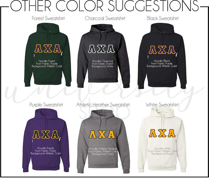 May include: A collage of ten different color sweatshirts with the letters "AXA" in gold on the front. The sweatshirts are in the colors forest green, charcoal, black, purple, athletic heather, white, navy, red, pink, and yellow.