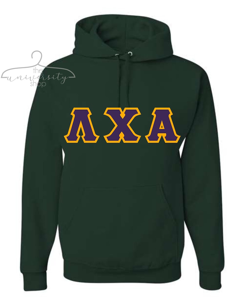 May include: A dark green hooded sweatshirt with the letters "AXA" in purple and gold on the front.
