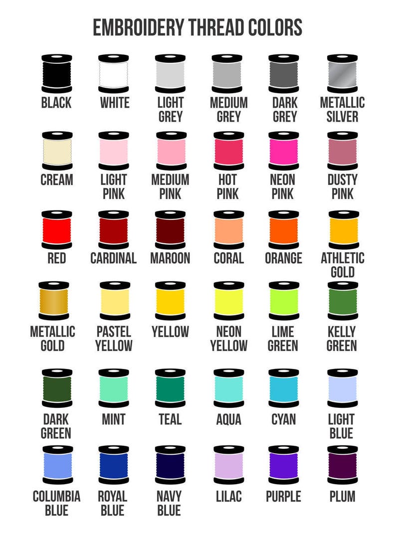 Op de afbeelding: Overzicht van borduurgarenkleuren met de namen van elke kleur. De kleuren omvatten zwart, wit, lichtgrijs, middelgrijs, donkergrijs, metallic zilver, cr&egrave;me, lichtroze, middelroze, roze, neonroze, stoffig roze, rood, kardinaal, donkerrood, koraal, oranje, atletisch goud, metallic goud, pastelgeel, geel, neongeel, limoengroen, kellygroen, donkergroen, mint, teal, aqua, cyaan, lichtblauw, columbia blauw, koninklijk blauw, marineblauw, lila, paars en pruim.