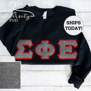 May include: A navy blue sweatshirt with a red and gray Greek letter design that says "ΣΦΕ".