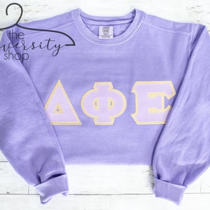 Delta Phi Epsilon | Sorority Sewn Letters | Greek Sewn Letters | Purple Sweatshirt | Sorority Family Shirt | Unisex Sweatshirt | Greek Gift