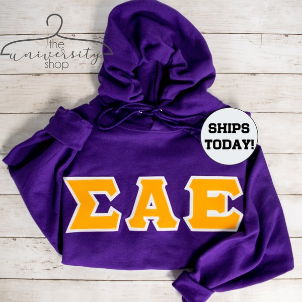 Sigma Alpha Epsilon Hoodie | SAE | Fraternity Gift | Fraternity Hood | Sigma Alpha Epsilon Letters | SAE Sewn Letters | Purple | SAE Shirt
