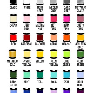 May include: A chart showing 24 different embroidery thread colors in spools. The colors are arranged in rows and columns, with each color labeled with its name. The colors include black, white, light grey, medium grey, dark grey, metallic silver, cream, light pink, medium pink, hot pink, neon pink, dusty pink, red, cardinal, maroon, coral, orange, athletic gold, metallic gold, pastel yellow, yellow, neon yellow, lime green, kelly green, dark green, mint, teal, aqua, cyan, light blue, columbia blue, royal blue, navy blue, lilac, purple, and plum.