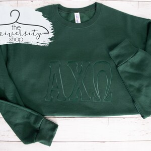 May include: A dark green sweatshirt with the letters "AXO" embroidered in a raised, white outline.