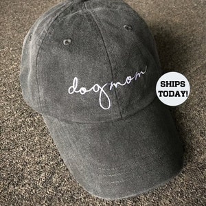 Dog Mom Hat | Cat Mom Hat | Dog Person Hat | Washed Charcoal Cap Embroidered in White Scrip t- Gift for Dog Mom, Dog Dad, or Dog Person