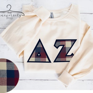 Delta Zeta | #48 | Sorority Sewn Letters | Greek Sewn Letters | Sand Sweatshirt | Sorority Family Shirt | Plaid Sweatshirt | Greek Gift