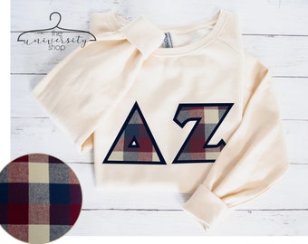 Delta Zeta | #48 | Sorority Sewn Letters | Greek Sewn Letters | Sand Sweatshirt | Sorority Family Shirt | Plaid Sweatshirt | Greek Gift