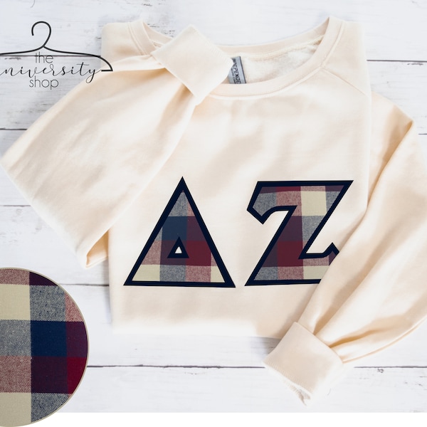 Delta Zeta | #48 | Sorority Sewn Letters | Greek Sewn Letters | Sand Sweatshirt | Sorority Family Shirt | Plaid Sweatshirt | Greek Gift