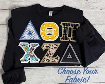 Greek Sorority Sewn Letters Customizable Fabric | Black Sweatshirt | Family Shirt | Greek Gift | | Pi Beta Phi, Omega Phi Alpha, Chi Omega