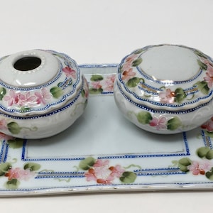 Pretty Vintage Porcelain Floral Dresser Tray with Matching Covered Hair Receiver and Trinket Box, Japan