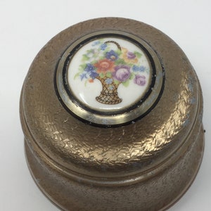 Vintage 1910 Edwardian Gold Toned Metal Powder Box with Porcelain Basket of Flowers on Top, Trinket Box,
