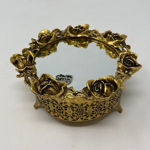 Vintage Ormolu Stylebuilt Vanity Round Jewelry Box, Powder Jar, with Mirror Lid with Roses, 5 1/2&quot; x 3&quot;