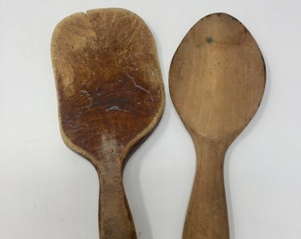 Antique Primitive Wooden Butter Paddle and Short Wooden Spoon, 9"