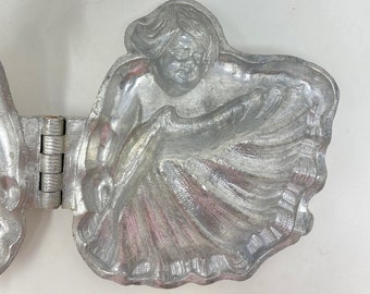 Antique Pewter Ice Cream Mold Scalloped Shell with Mermaid, 4"by 4 1/4"