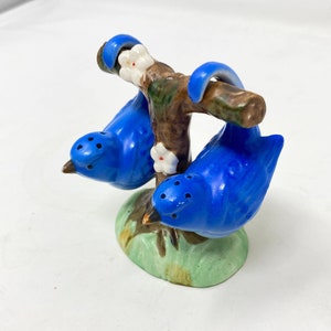Vintage Japan Two Bluebirds Hanging From a Tree Salt and Pepper Set with Original Cork, Excellent Condition