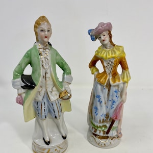 Very Pretty Man and Woman Figurines in 18th Century Dress, Japan, 7&quot; Tall Very Good Condition