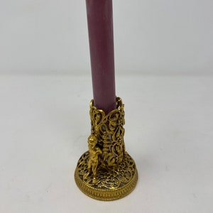 Vintage 24 K Ormolu Vanity Tall Candle Holder with Cupids, Unusual, Very Good Condition