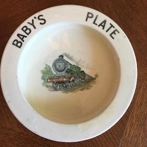 Vintage Devon Ware Fieldings Train Child&#39;s Plate Bowl Dish, Stroke on Kent, England, Rare