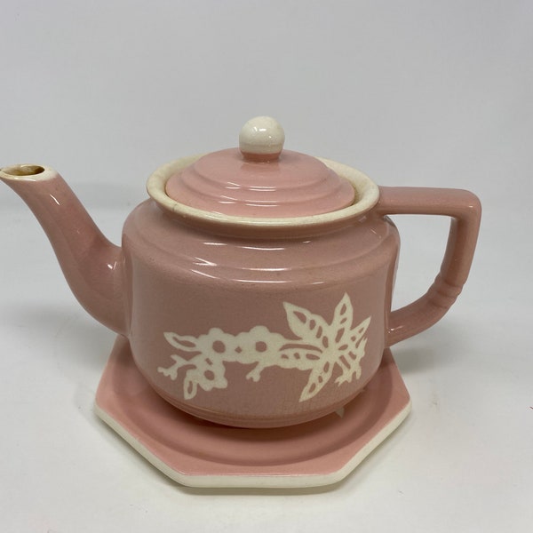 Vintage Pink Cameoware Teapot and Matching Trivet, 6" Tall