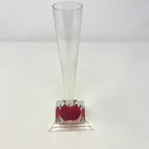 Vintage Clear Lucite Bud Vase with Red Rose Base,  Lovely, Bircraft, 8" Tall