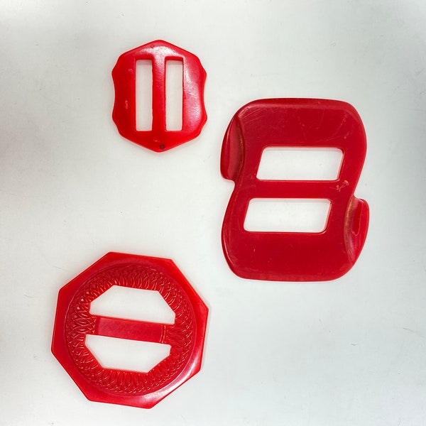 1 Extra Large and 1 Large and 1 Medium Vintage Bakelite Belt Buckles Slides, 1 Dark Red and 2 Red