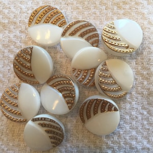 Vintage Molded Stripes White Glass Button, Gold Luster,  Size Small 3/4&quot;, Back mark Le Chic