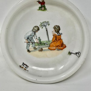 Adorable Antique Vintage Baby Feeding Plate Bowl Children Gardening, PK Unity Germany, 7&quot; across 1 1/2&quot; Deep