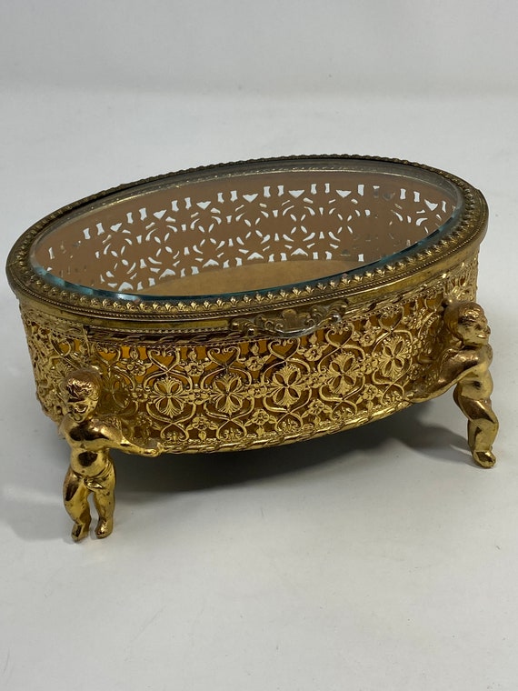 Large Vintage Ormolu Vanity Oval Jewelry Box Caske