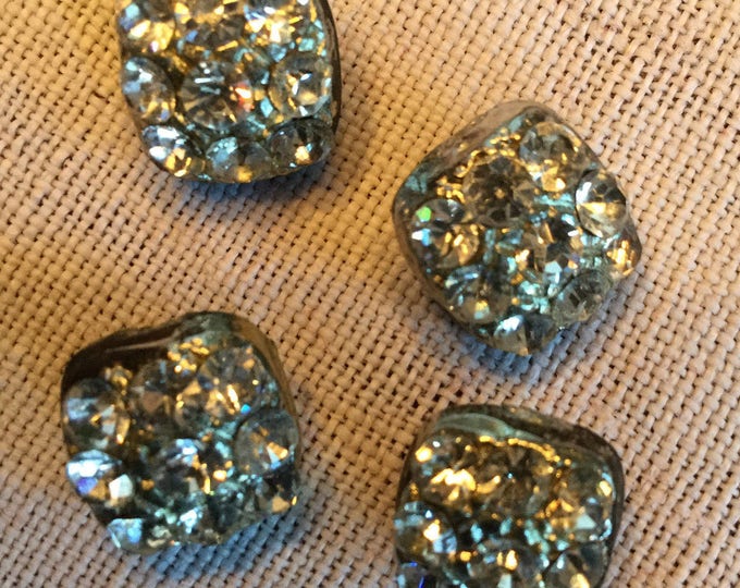 Vintage Square Button With Rhinestones; 9/16