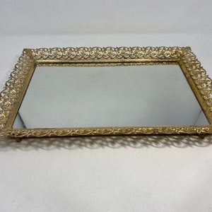 Large Vintage Ormolu Vanity 11" by 16" Rectangle Mirror Footed Tray, Good Condition