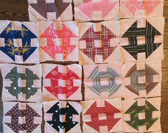 19 Antique Quilt Squares, Vintage Quilt Squares; Indigo, Blue, Cream, Pinks, Late 1800's, Hand Stitched