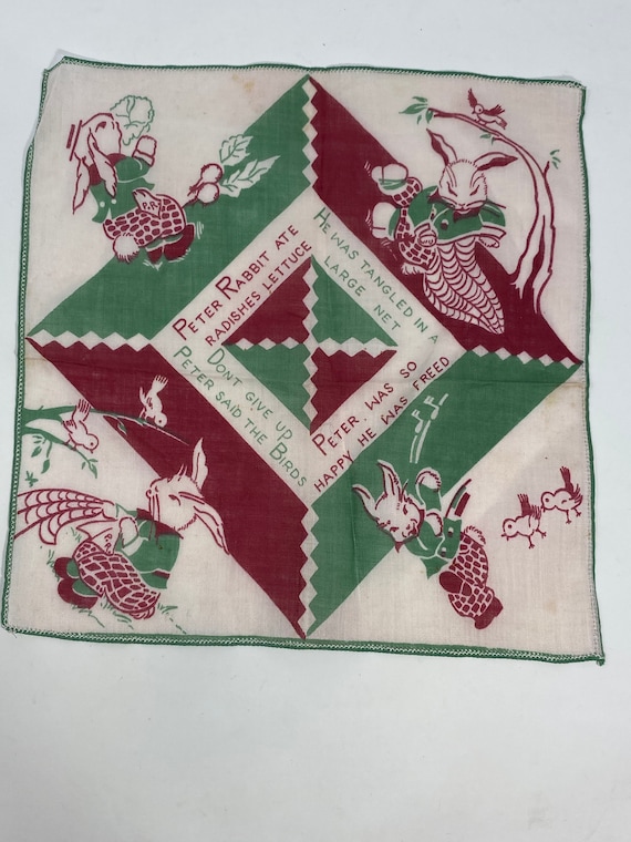 Vintage Rare Peter Rabbit Handkerchief Red and Gre