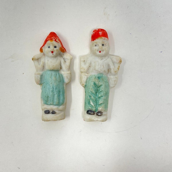 2 Cute Vintage Dutch Boy and Girl Penny Miniature Frozen Charlotte Bisque Dolls; each 2" ; Marked Japan