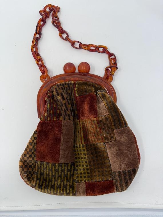 Vintage Patchwork Pattern Carpet Bag with Lucite … - image 1