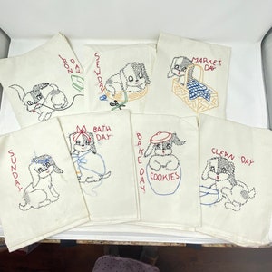 7 Darling Vintage Flour Sack Tea Towels with Embroidered Puppy Dog Days of the Week, Clean, Iron, Sew, Unused