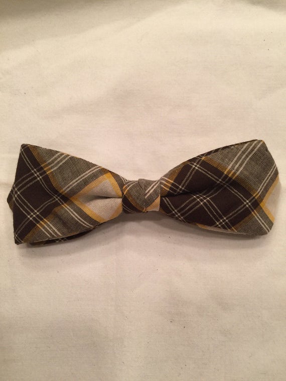 Vintage Bow Tie, Brown with White and Yellow Plai… - image 1