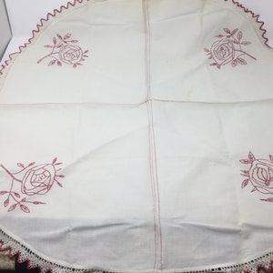 Vintage Rounded Dresser Scarf, Runner, Doily, Tablecloth Red Roses on White Linen, Hand Crocheted Edge