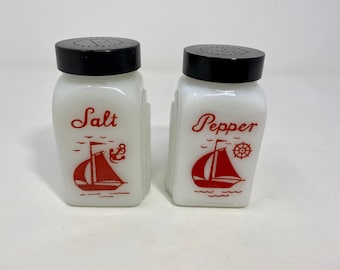 Vintage Pepper Shake Made in U.S.A. Milk Glass with Red Sailboat Motif
