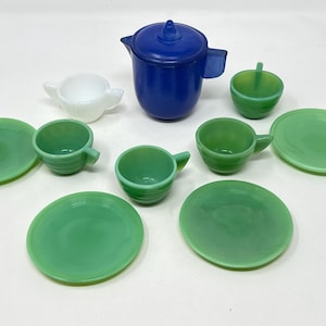 11 Piece Play-time Glass Tea Set, Jadite Tea Set, Akro Agate Dish Set, Child&#39;s Tea Set