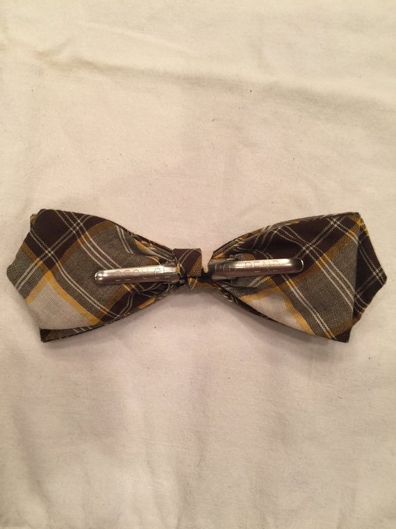 Vintage Bow Tie, Brown with White and Yellow Plai… - image 3