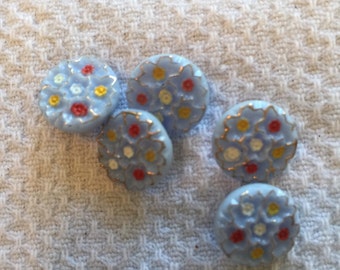 Vintage Painted Floral Blue Glass Button, Size Small 1/2"; Self shank