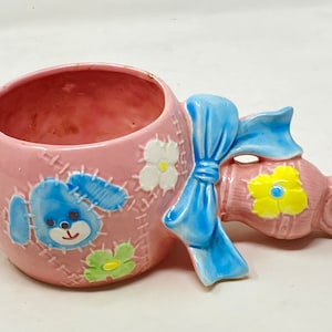 Vintage Nancy Pew Ceramic Planter, Pink Rattle with Blue Bow, 4&quot; by 8&quot;,  Japan