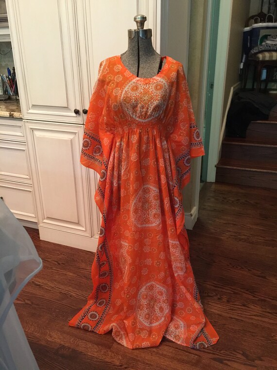 Vintage 70's Orange Kaftan, Caftan, Beach Coverup,