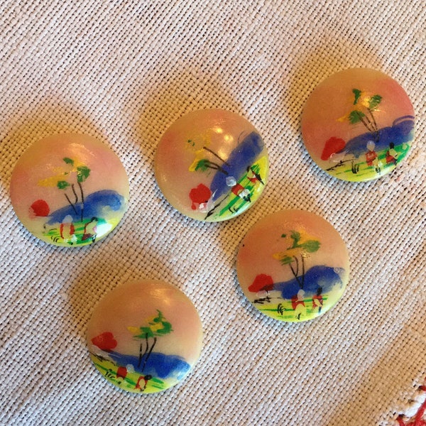 Antique Small Vegetable Ivory Painted Button with Mountain Landscape  2 People 3/4"